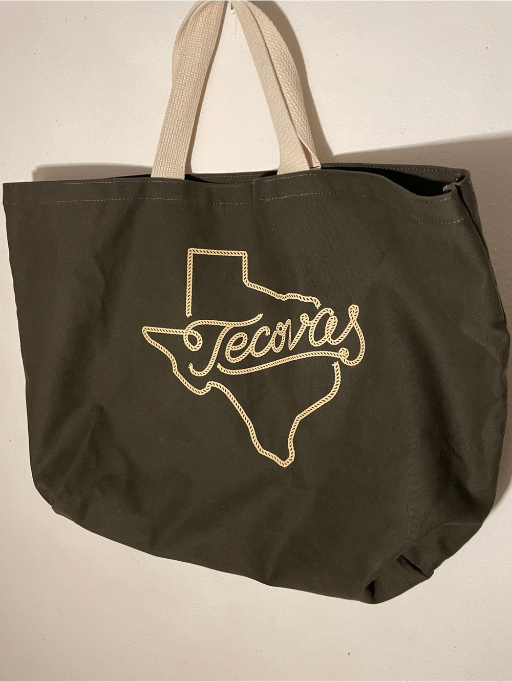 Tecovas Olive Canvas Tote with Cream Logo and Handles 24”x16”